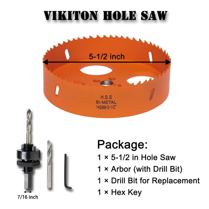 VIKITON 5.5 Inch Hole Saw with Arbor for Metal Wood Plastic, 5-1/2 in Bi-Metal Hole Cutter for Different Project with Smooth and Flat Drilling Edge, Fast Chip Removal,Lighter and Portable - Image 4